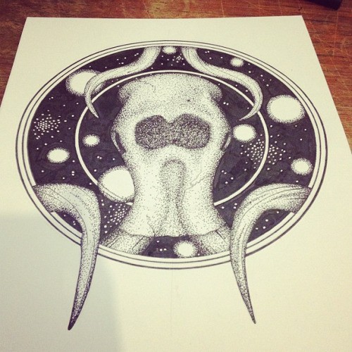 Dotwork mammoth skull in space circle frame tattoo design