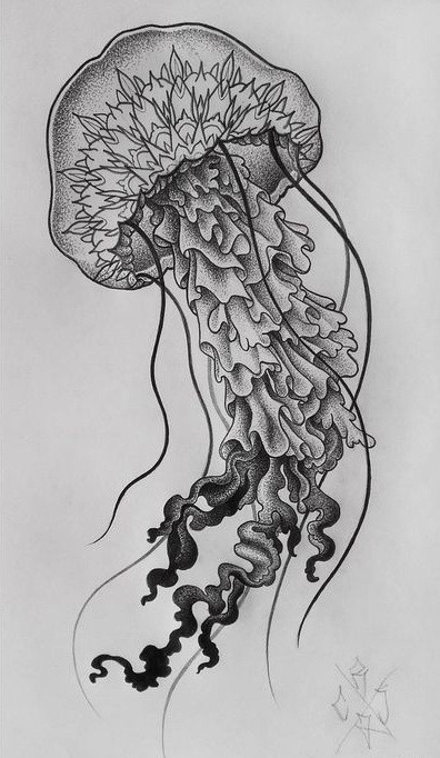 Dotwork mandala-headed jellyfish tattoo design