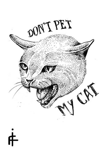 Dotwork meowing cat with english lettering tattoo design
