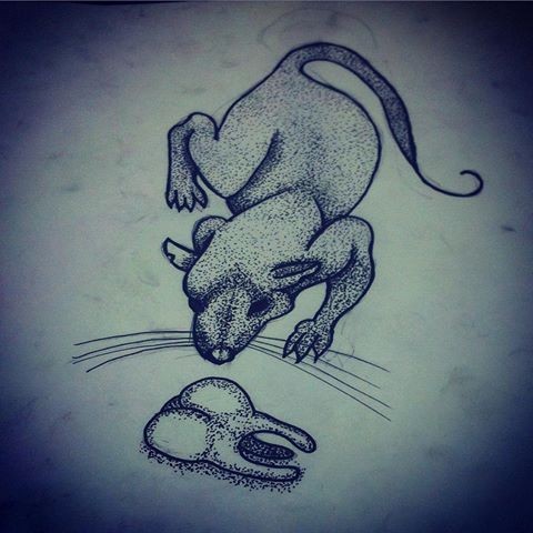 Dotwork mouse and huge tooth tattoo design