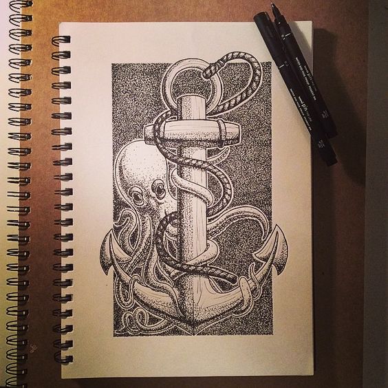 Dotwork octopus and huge roped anchor tattoo design