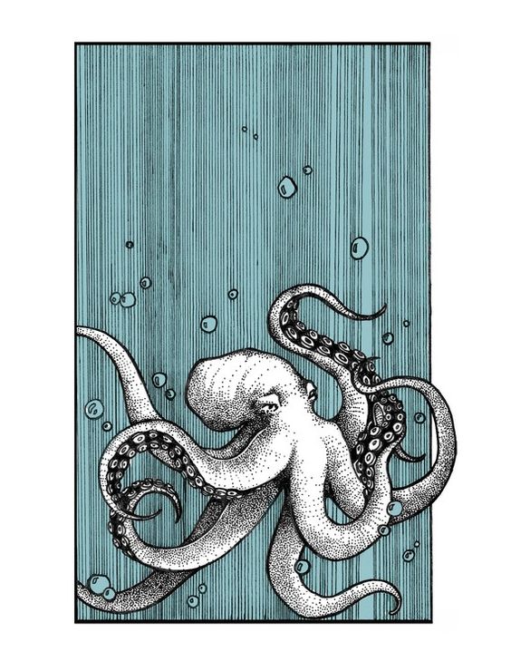 Dotwork octopus diving in striped blue background tattoo design