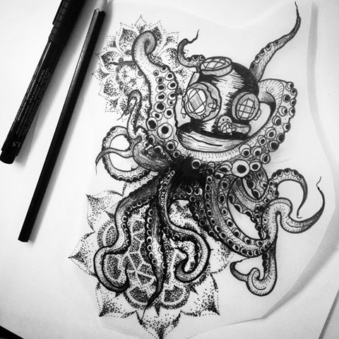 Dotwork octopus in aqualang helmet on mandala background tattoo design