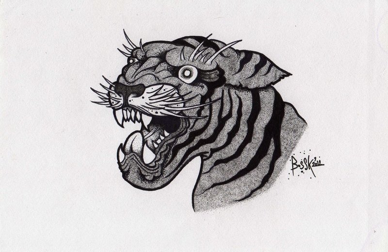 Dotwork old school crying tiger tattoo design