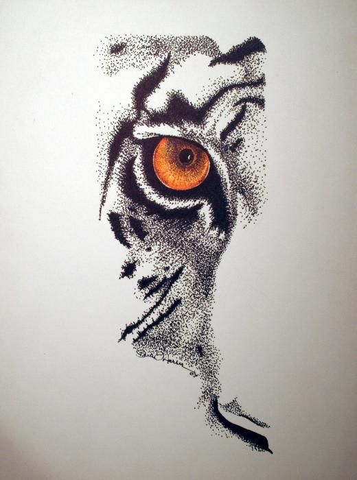 Dotwork orange-eyed half tiger face tattoo design