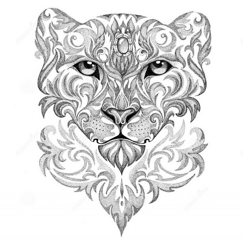 Dotwork ornamented leopard with gem decoration on forehead tattoo design