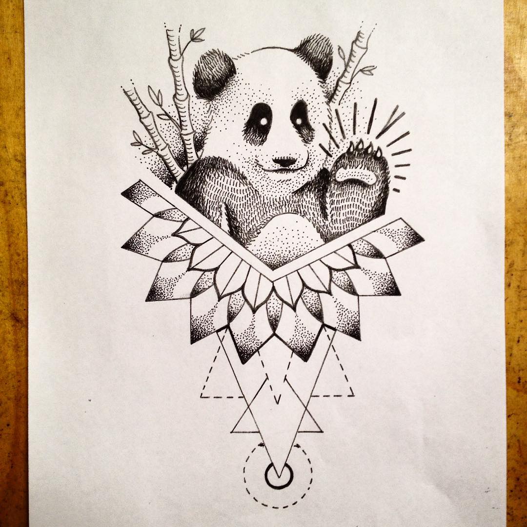 Dotwork panda bear with bamboo and geometric drawings tattoo design
