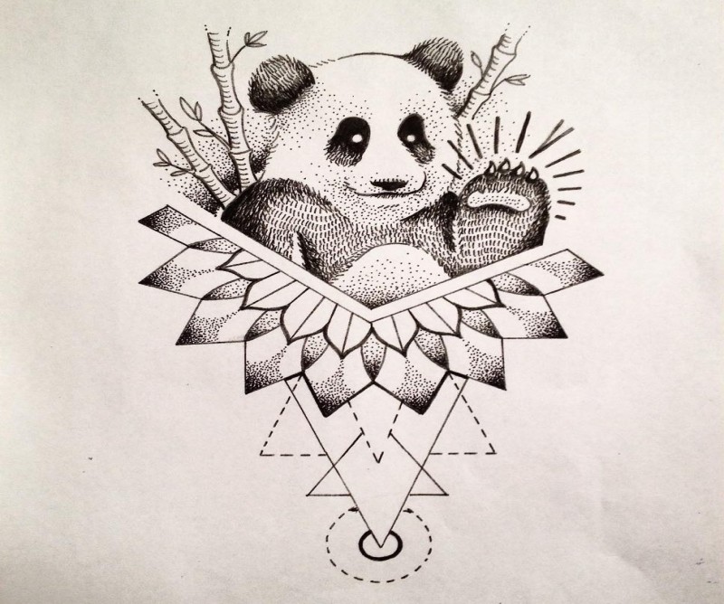 Dotwork panda waving with his paw on geometric and mandala background tattoo design