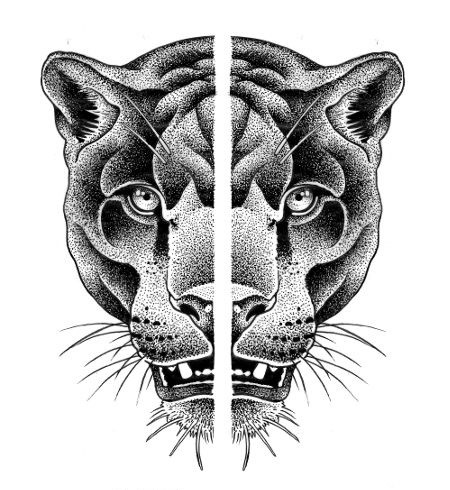 Dotwork panther head devided apart tattoo design