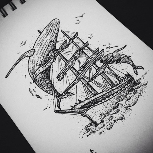 Dotwork pirate ship and jumping whales tattoo design