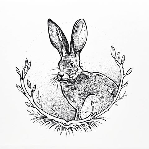 Dotwork rabbit framed with leaved branches tattoo design