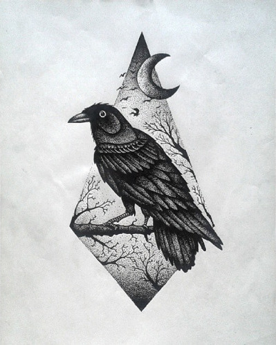 Dotwork raven on nature view rhombus background tattoo design