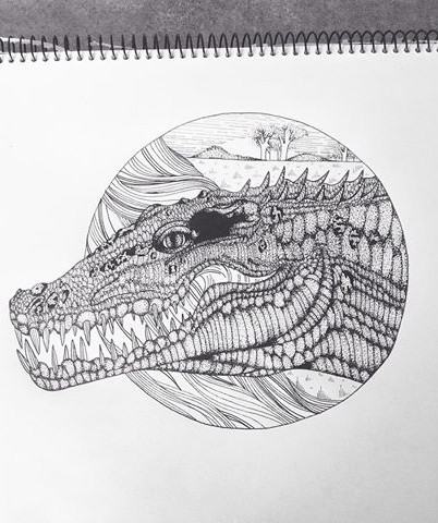 Dotwork reptile head on nature view background tattoo design
