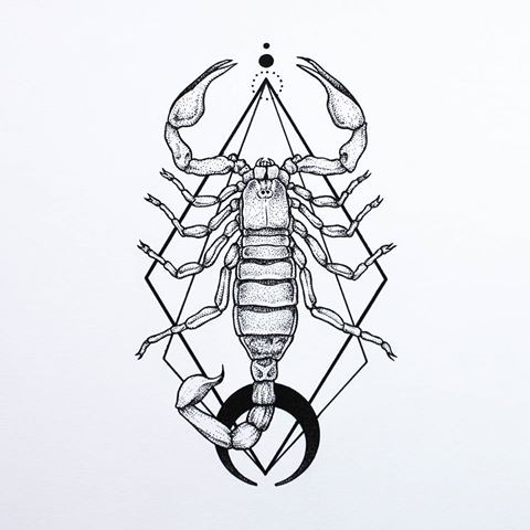 Dotwork scorpion with reversed half moon on geometric drawings tattoo design