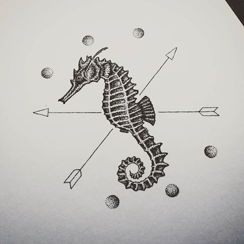 Dotwork seahorse pierced with arrows with moon phases deorations tattoo design