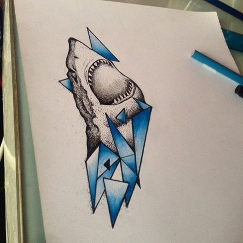 Dotwork shark in blue geometric glass pieces tattoo design