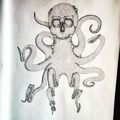 Dotwork skull-headed octopus tattoo design