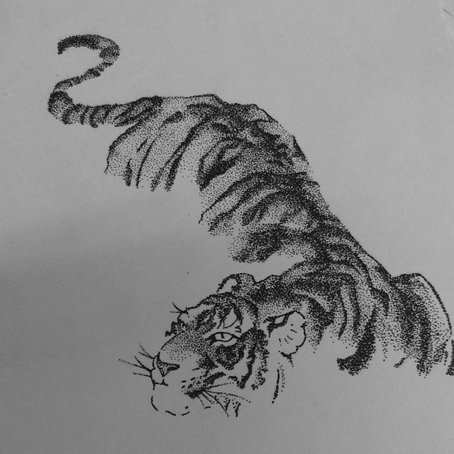 Dotwork sneaking tiger tattoo design