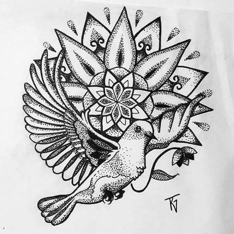 Dotwork sparrow flying on mandala background tattoo design
