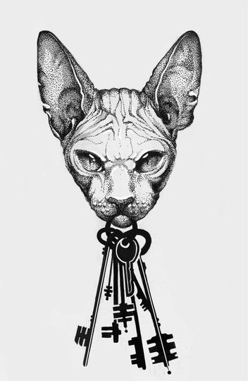 Dotwork sphynx cat keeping a bunch of keys tattoo design