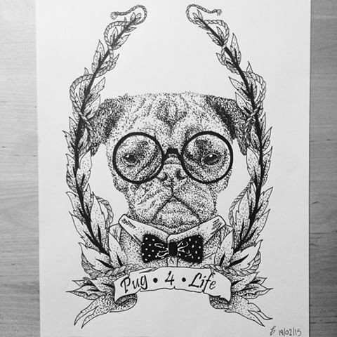 Dotwork style bulldog in glasses with bow tattoo design