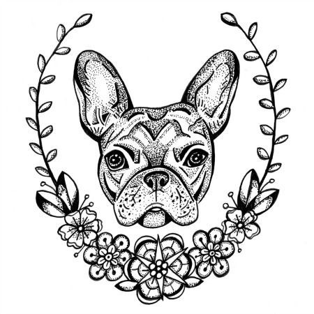 Dotwork style dog face in flowered frame tattoo design