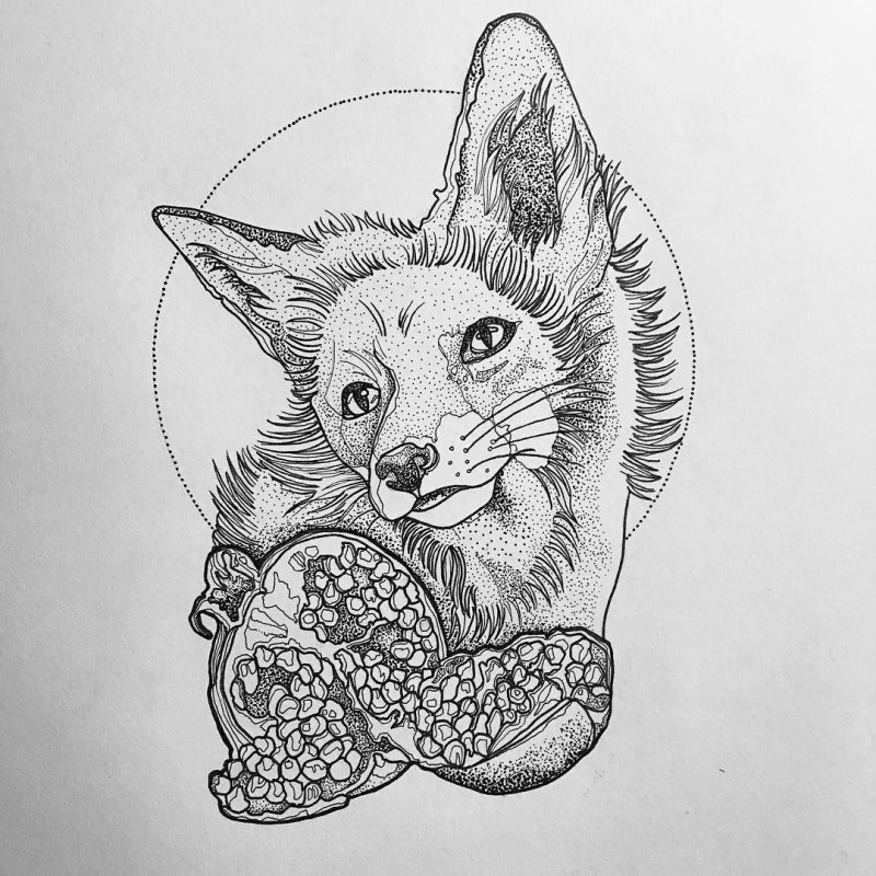 Dotwork style wild animal with nimbus and ripe pomegranate tattoo design