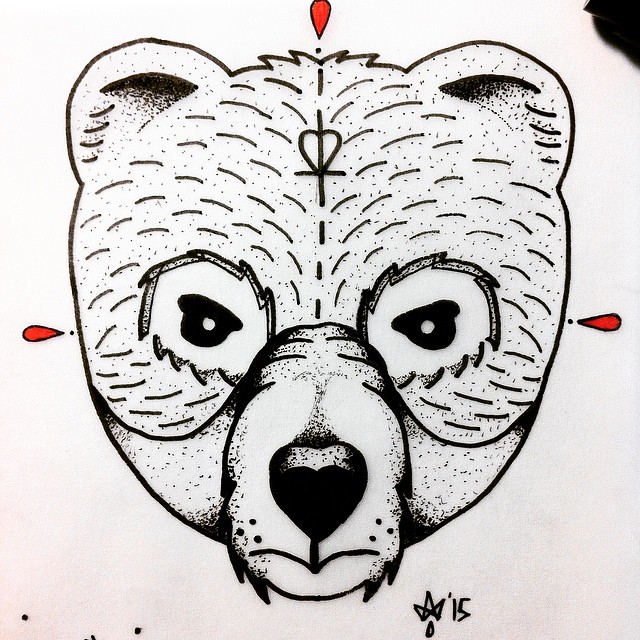 Dotwork teddy bear head with red elements tattoo design