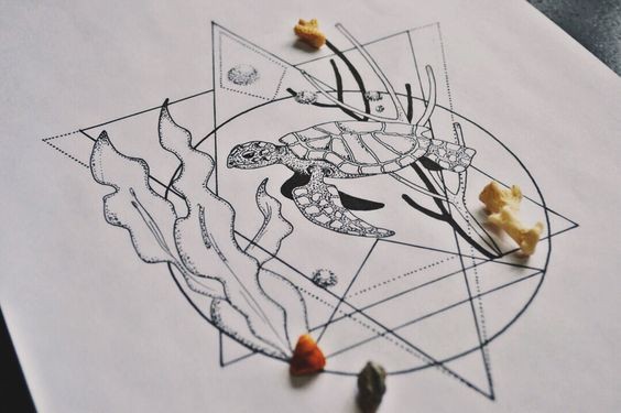 Dotwork turtle diving in weeds on geometric drawings tattoo design