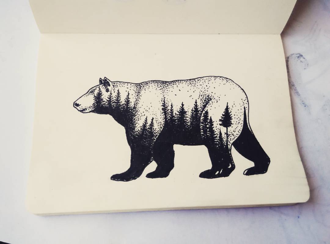Dotwork walking bear with forest view tattoo design