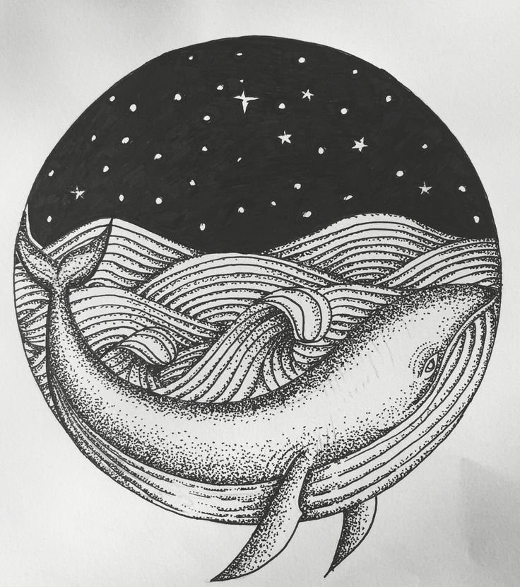 Dotwork whale and waves on star night background tattoo design
