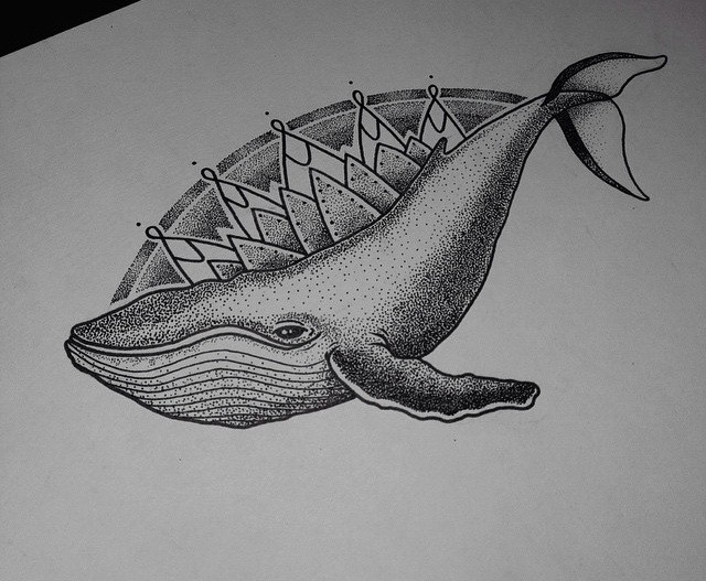 Dotwork whale on mandala background tattoo design