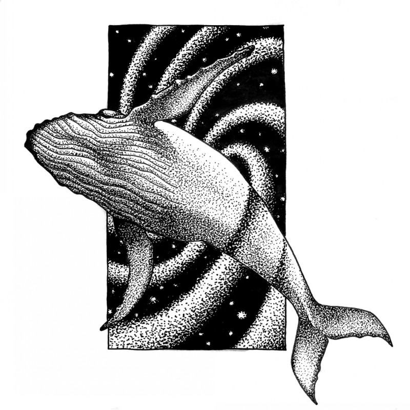 Dotwork whale on space background tattoo design by Hopcone