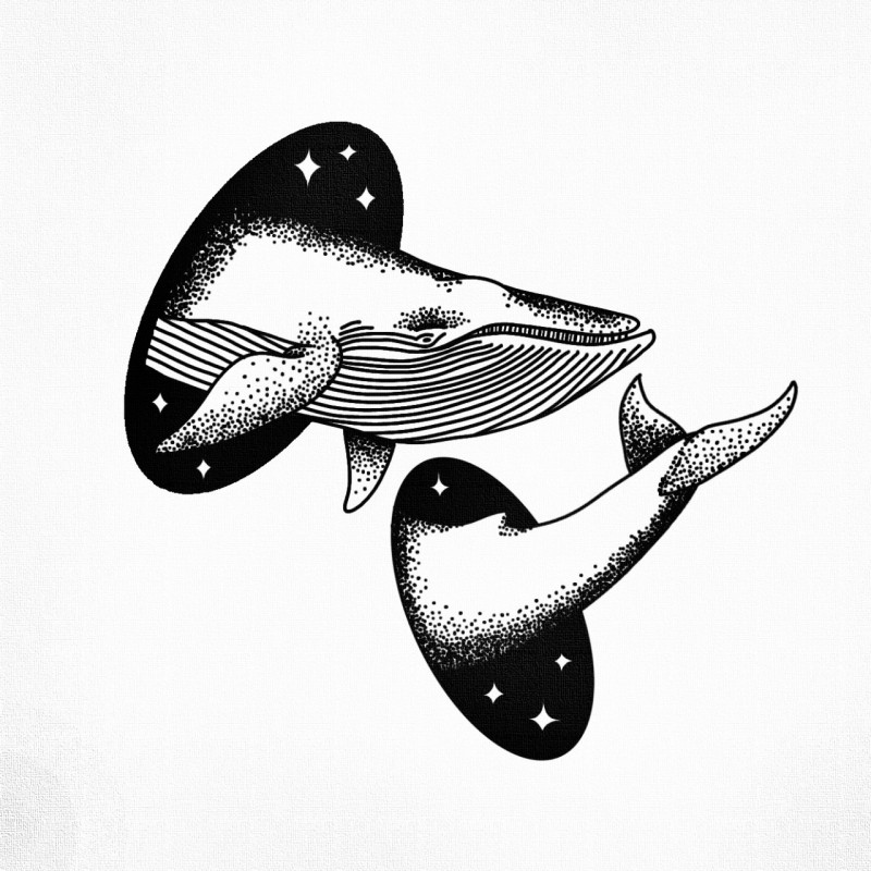 Dotwork whale travelling through space holes tattoo design
