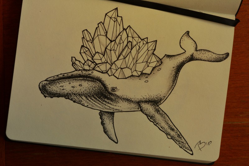 Dotwork whale with crystals on back tattoo design