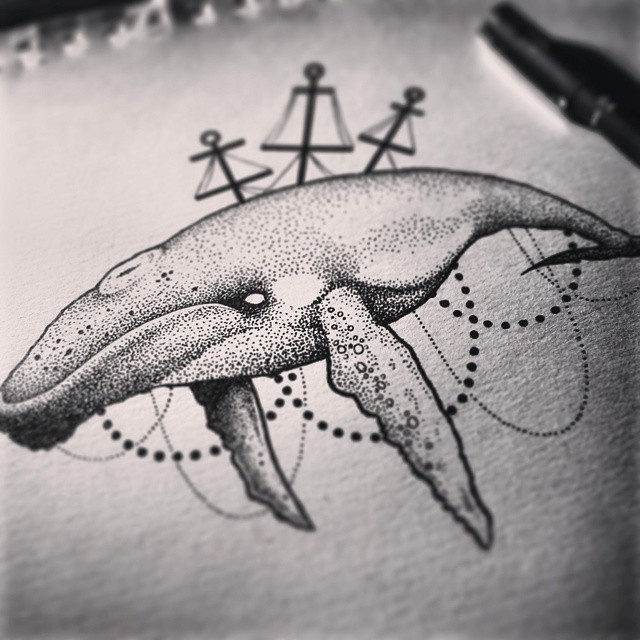 Dotwork whale with lace and anchors decoration tattoo design