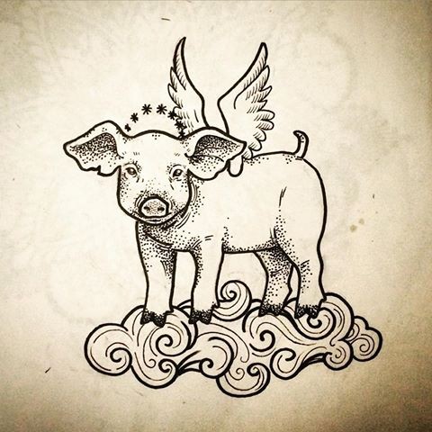 Dotwork winged pig with starred nimbus standing on the cloud tattoo design