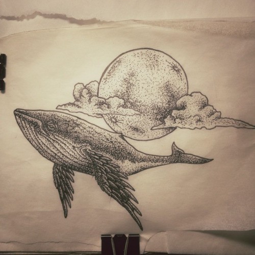 Dotwork winged whale and full moon in clouds tattoo design