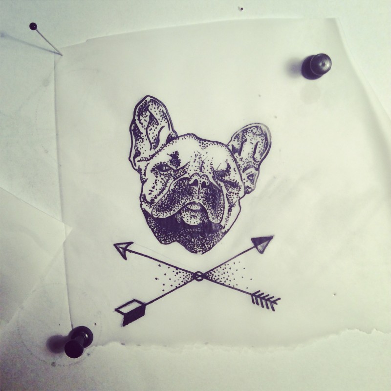 Dotwork winking bulldog head and crossed arrows tattoo design