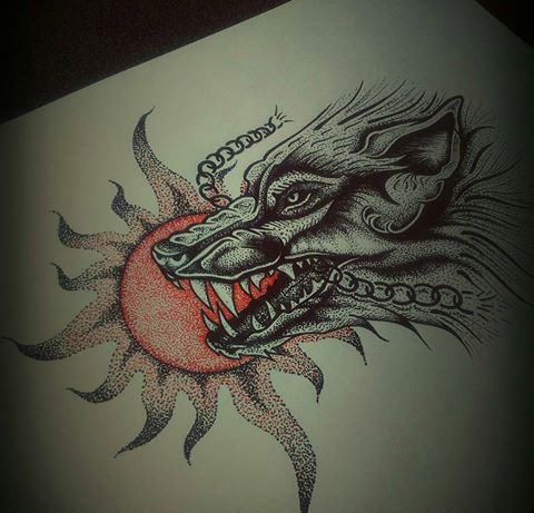 Dotwork wolf head and bright red sun tattoo design