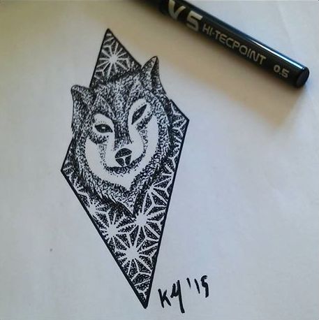 Dotwork wolf head in flowered rhombus tattoo design
