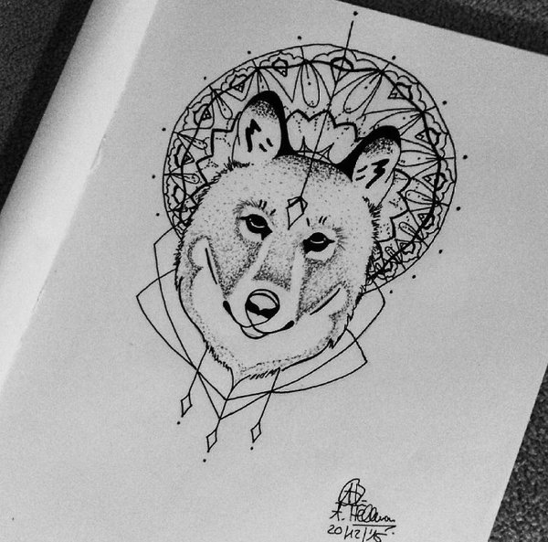 Dotwork wolf head on mandala background tattoo design
