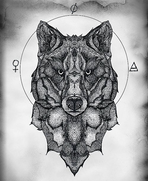 Dotwork wolf portrait with sacred signs tattoo design