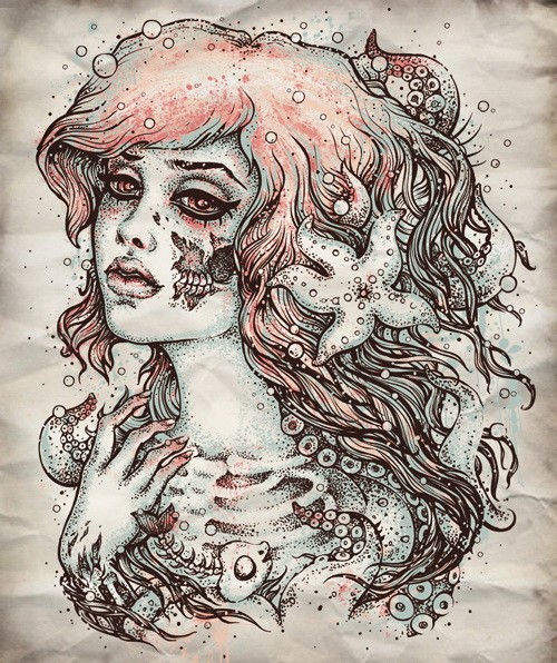 Dotwork zombie mermaid portrait tattoo design