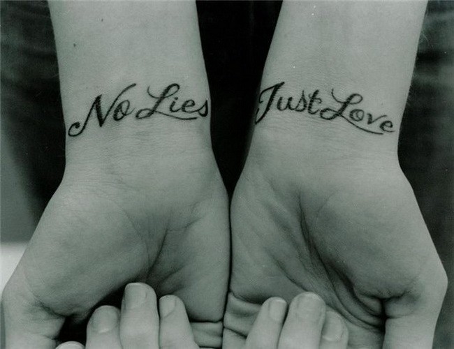 Double no lies, just love quote tattoo on arms