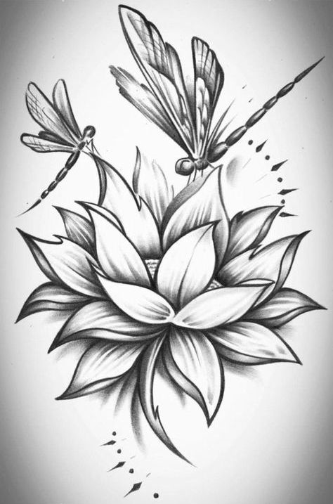 Dragonfly couple flying over lotus flower tattoo design - Tattooimages.biz