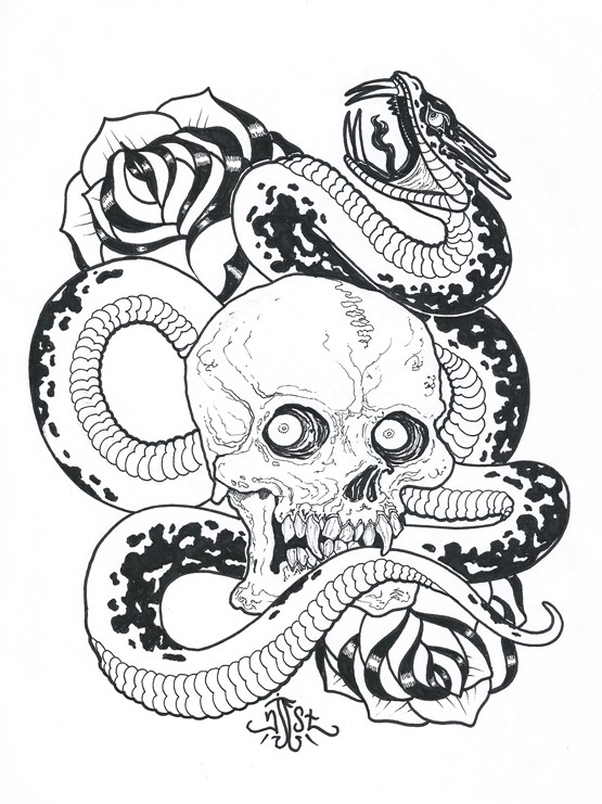 Drawing black-and-white snake and skull by Njeststudio