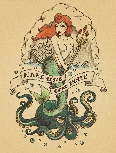 Drawing mermaid with a trident and an octopus with banner tattoo design