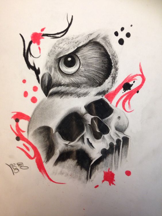 Drawn owl and skull with black and red stripes tattoo design
