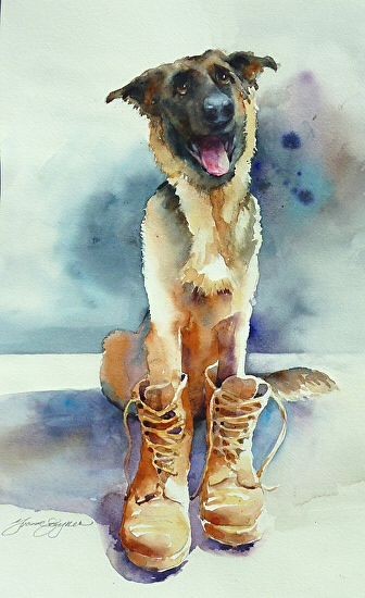 Dreaming watercolor german shepherd with paws in huge boots tattoo design